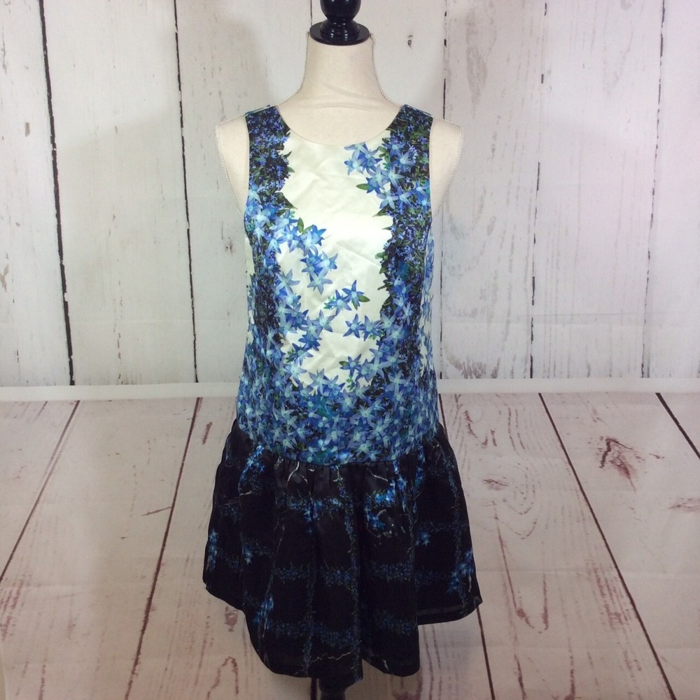 Tibi Sidewalk Blue Silk Dress Womens 6 Floral Drop Waist Back Tie Cocktail Party